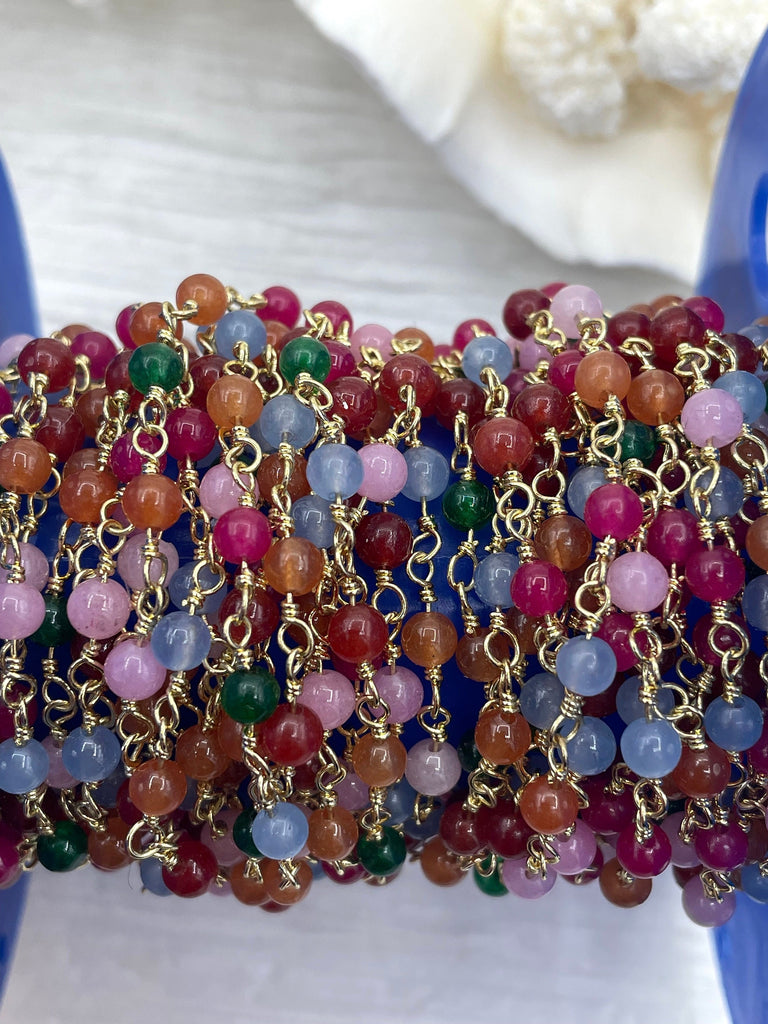 Colorful Agate Stone Beaded Rosary Chains, Beaded Chains, 4 styles. 4.5mm round stone beads, Gold Wire, Sold by the foot. Fast ship