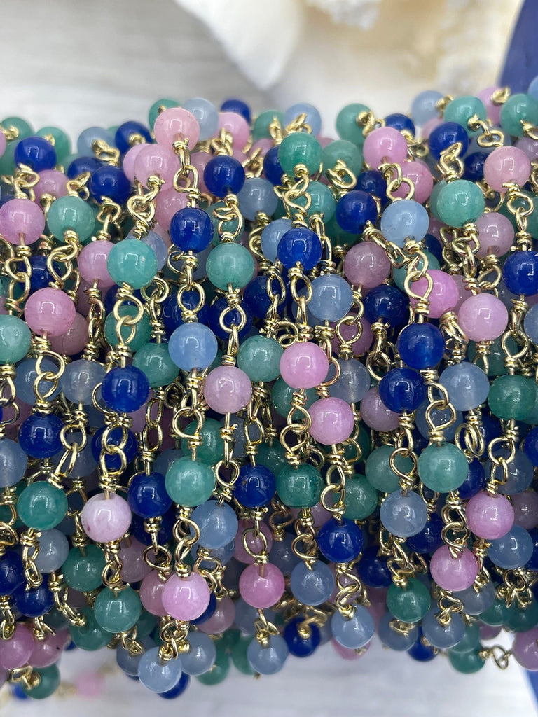 Colorful Agate Stone Beaded Rosary Chains, Beaded Chains, 4 styles. 4.5mm round stone beads, Gold Wire, Sold by the foot. Fast ship