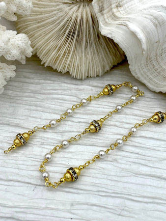 Vintage Glass Pearl Replica, Intricate White Glass Pearl and Crystal Beaded Chain, 3.8mm Glass Pearls, Gold Wire, By the Foot, Fast Shipping