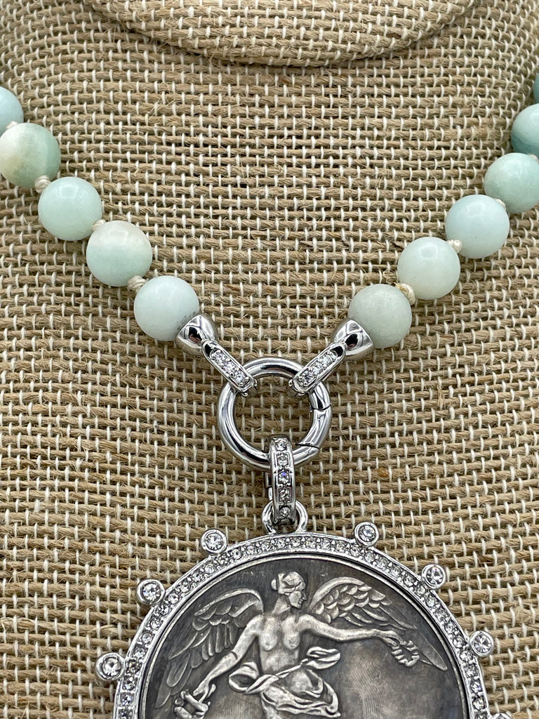 Hand Knotted AA Amazonite Necklace, 16.5",Gold or Silver plated brass fold over clasps with CZ, 8mm round beads,Semi Precious Bead Fast Ship