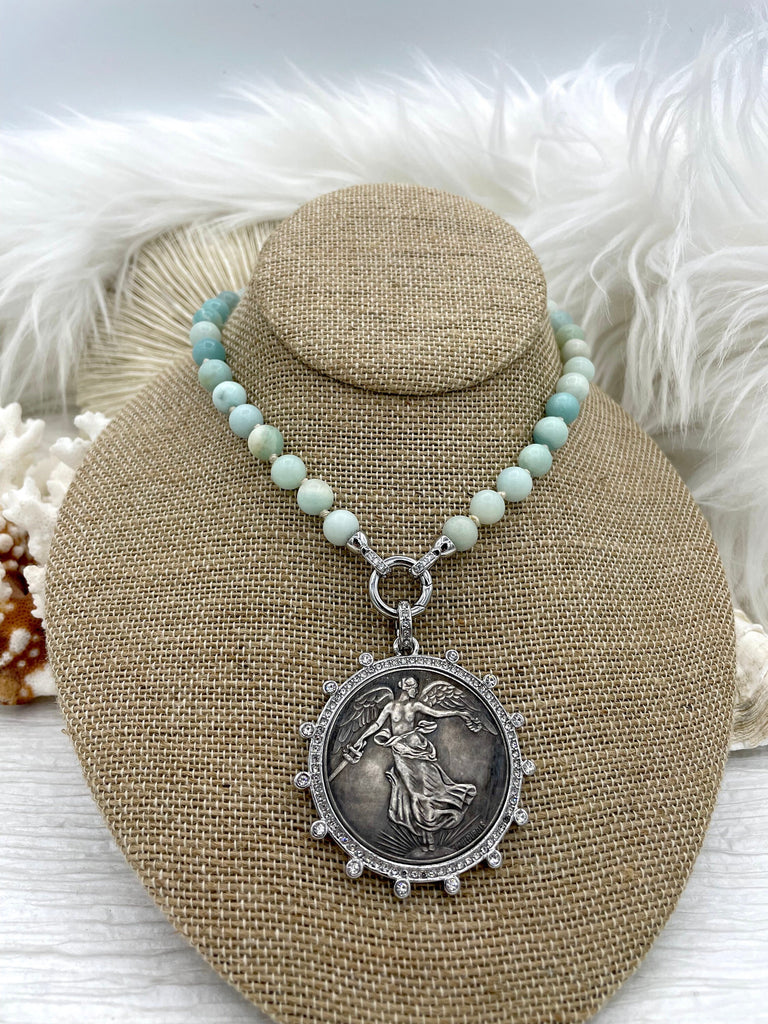 Hand Knotted AA Amazonite Necklace, 16.5",Gold or Silver plated brass fold over clasps with CZ, 8mm round beads,Semi Precious Bead Fast Ship