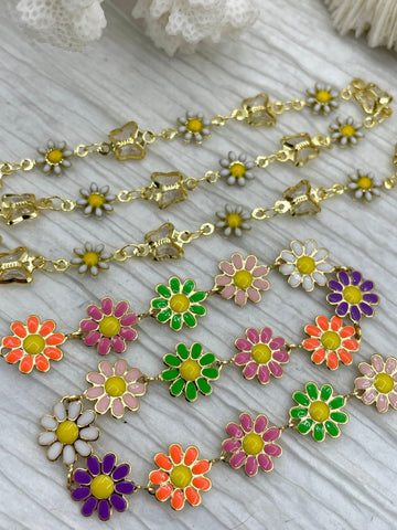 Enamel Brass Daisy chains, Gold Plated Brass Chain, Multicolor Pastel Daisies, Butterflies and Daisies, Daisy Chain, By the Foot, Fast Ship