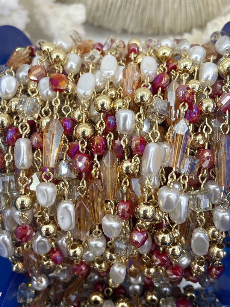 Vintage Glass Pearl & Crystal Mixed Rosary Chain, Pink and Gold Glass beads, Glass Pearl, 3 colors, Sold by the Foot. BBA Original Fast Ship