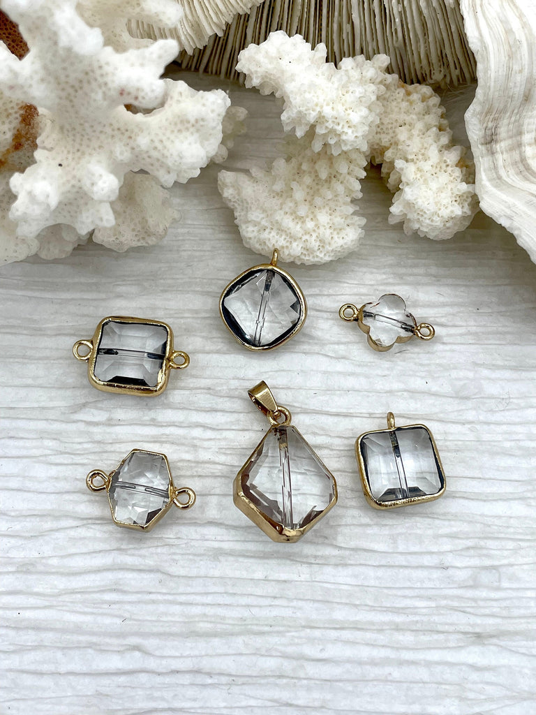 Crystal Gold Soldered Pendants and charms. Square, Teardrop, Drop, Square connector , 6 Styles to choose from. Fast Shipping