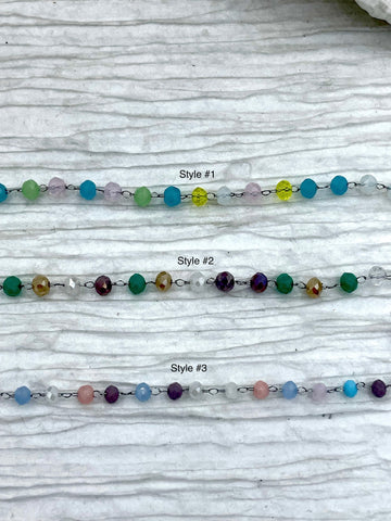 Crystal Round Mixed Rosary Faceted Glass Beads Chain,  Pastel Beaded Chain, Pastel Beads 3mm beads, Silver Wire, sold by the foot, Fast Ship