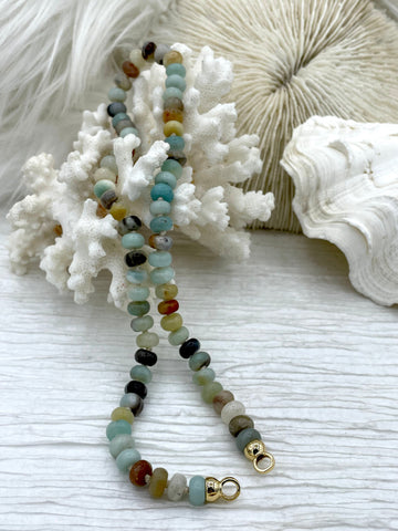 Hand Knotted Rondelle Amazonite Necklace, 16'5" W/Brass Closed Cap Ends, Gold or Silver End, Amazonite Necklace, Knotted Amazonite Fast Ship
