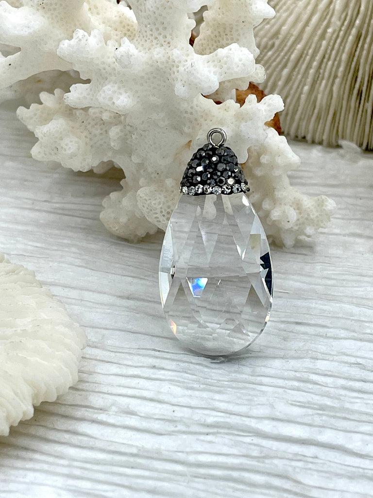Clear Crystal Pendants and charms with Clear and Gunmetal Cubic Zirconia. 4 Styles of Charms and Pendants, Clear Crystal. Fast Shipping