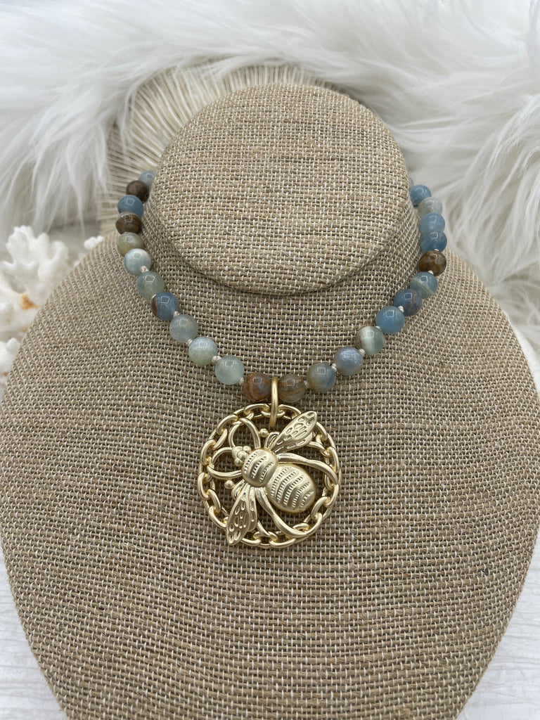 Hand Knotted AAA Natural Argentine Lemurian Aguatine Calcite Blue Onyx Stone Necklace, 16.5" Long, Gold or Matte Gold End Caps, Fast ship