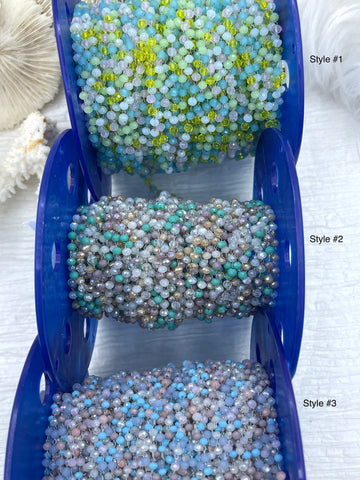 Crystal Round Mixed Rosary Faceted Glass Beads Chain,  Pastel Beaded Chain, Pastel Beads 3mm beads, Silver Wire, sold by the foot, Fast Ship