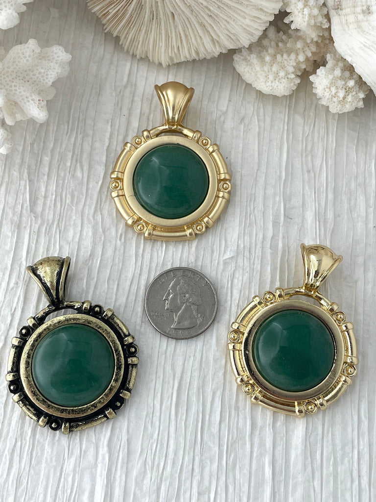 Green Aventurine Stone Pendant with Bezel, Natural Stone Pendants, Cabochon Stone Comes in a variety of patterns, 3 bezel colors, Fast Ship