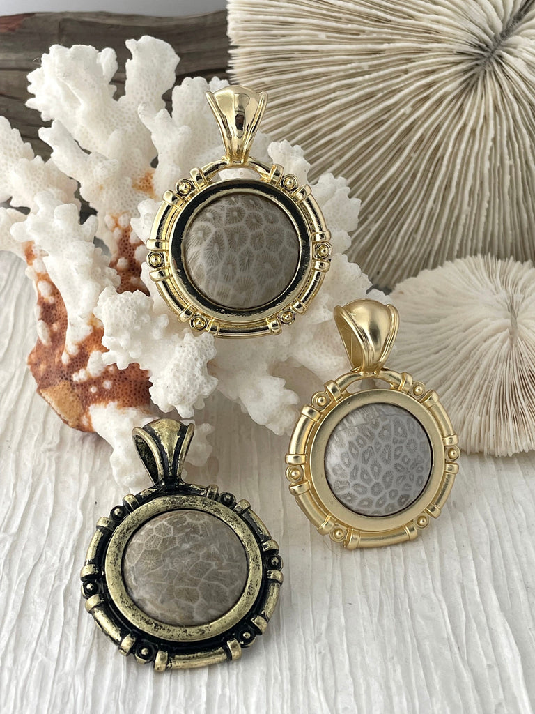 Coral Fossil Pendant with Bezel, Cabochon Natural Stone will come in a variety of patterns, 3 bezel colors, Natural Fossil Stone, Fast Ship.