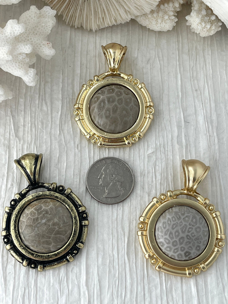 Coral Fossil Pendant with Bezel, Cabochon Natural Stone will come in a variety of patterns, 3 bezel colors, Natural Fossil Stone, Fast Ship.