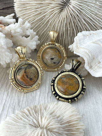 Crazy Lace Agate Stone Pendant with Bezel, Natural Stone Cabochon, comes in a variety of patterns,3 bezel colors, Natural Stone, Fast Ship.