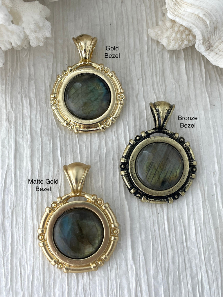 AAA Labradorite Stone Pendant with Bezel, Natural Stone Cabochon, comes in a variety of patterns,3 bezel colors, Natural Stone, Fast Ship.