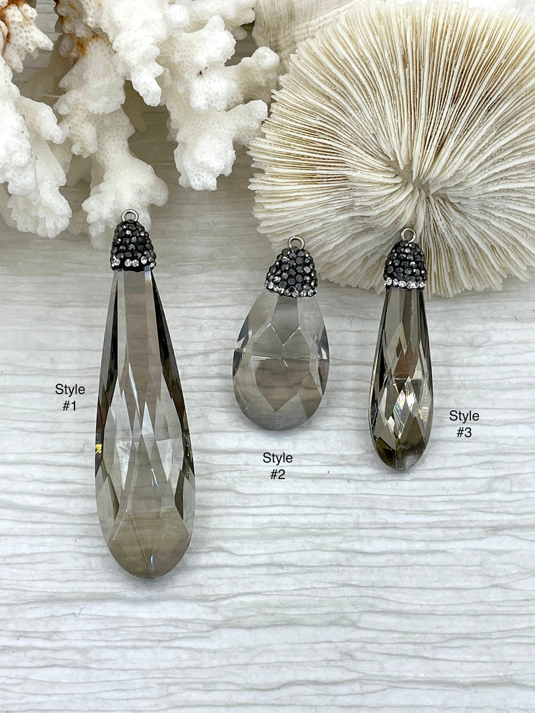Smokey Crystal Pendants and charms with Clear and Gunmetal Cubic Zirconia. 4 Styles of Charms and Pendants, Smokey Crystal. Fast Shipping