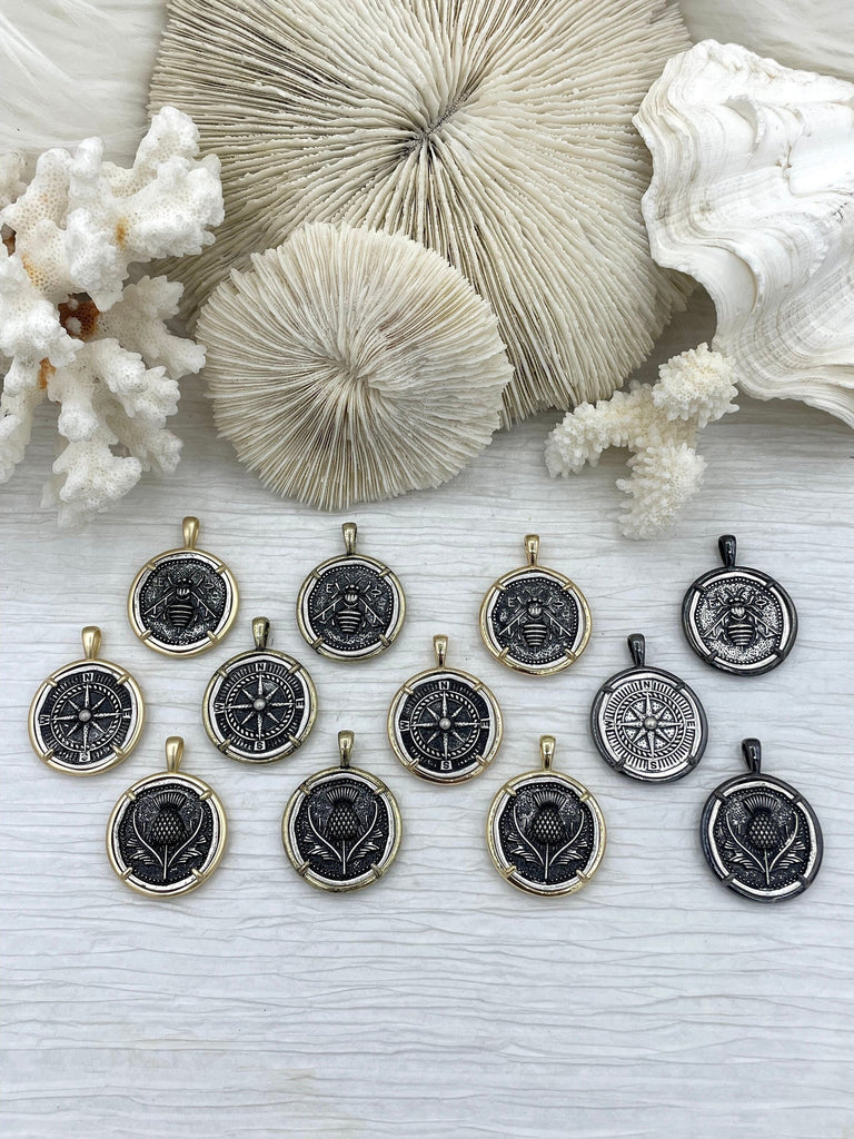 Ancient Greek Reproduction Bee Coin Pendant, Compass Coin, Thistle Coin with bezel. Bee, Compass Pendant, 3 Bezels colors 28mm Fast Ship