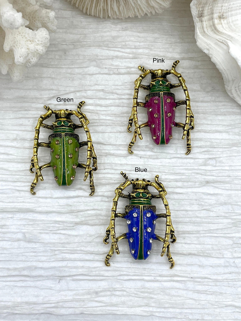 Beetle Charm/Pendant, Enamel Rhinestone Pendant, Gold 46mm Pendants, Insect Pendants,Bug Pendants, 3 colors Fast Ship