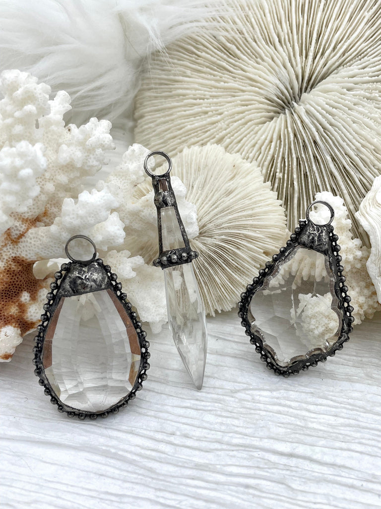 Crystal Burnished Silver Soldered Pendants and charms. Textured Burnished Silver Soldered Crystals, 3 Styles to choose from. Fast Shipping