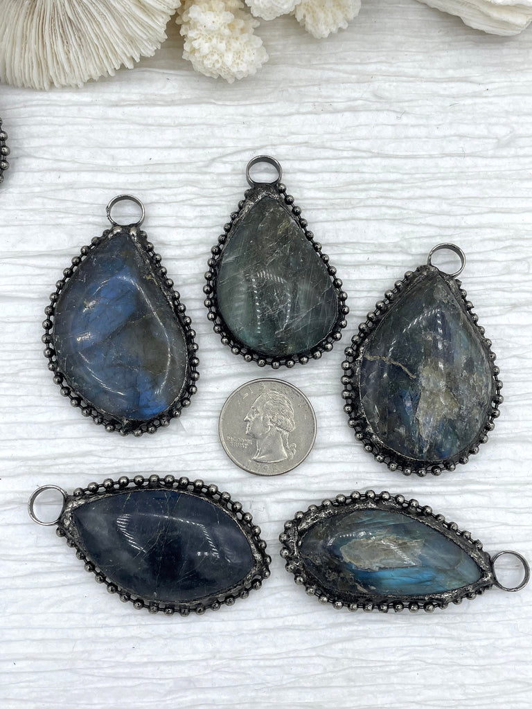 Labradorite Teardrop/Oval Pendants with Textured Burnished Silver Soldered Bezel. Variety of sizes and stones, all unique. Fast Ship