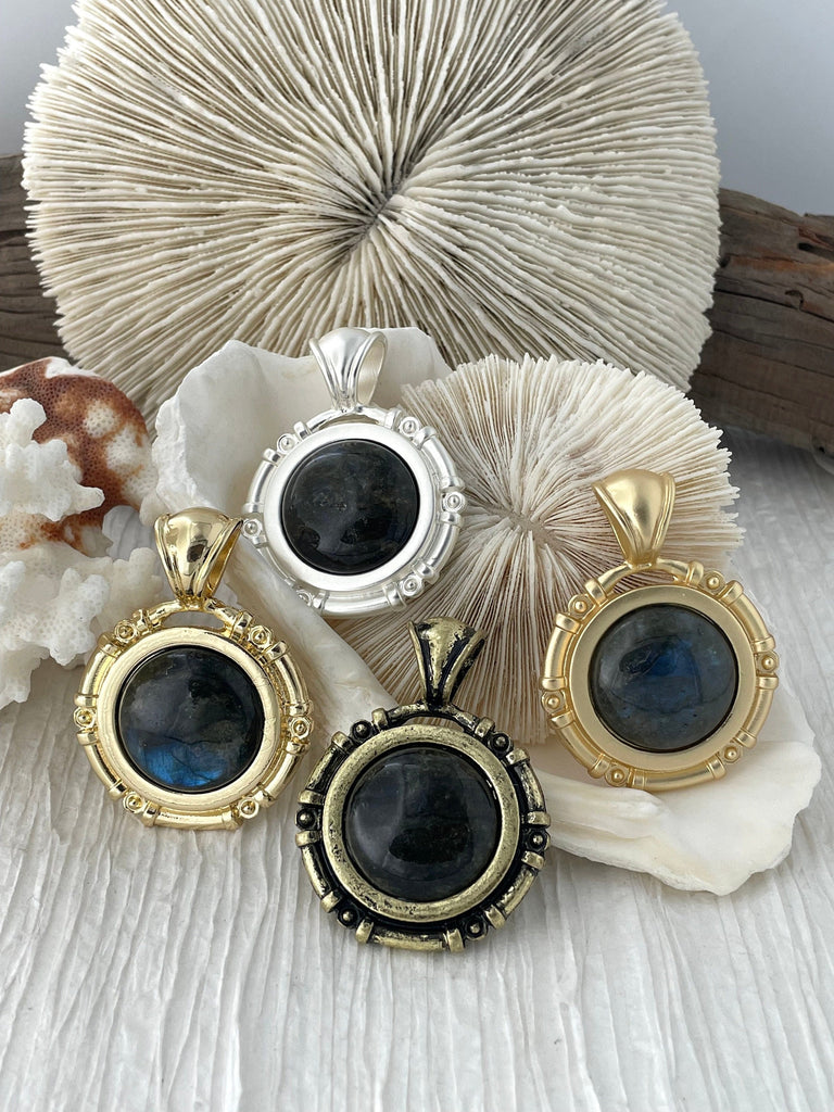 AA Labradorite Pendant with Bezel, Natural Stone Cabochon, in a variety of patterns, 4 bezel colors, Natural Labradorite Stone, Fast Ship.