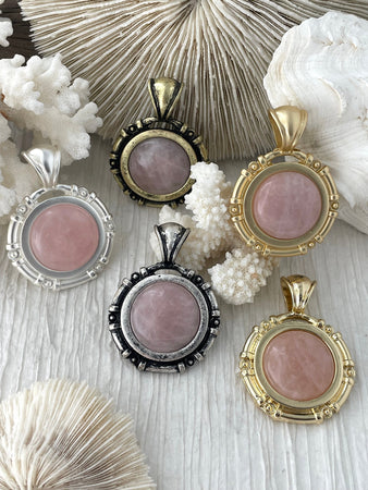Rose Quartz Stone Pendant with Brass Bezel, Natural Stone Pendants, will come in a variety of patterns, 5 bezel colors, Fast Ship