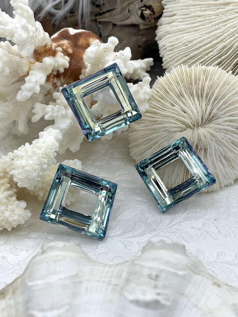 Open Square Pendants, Clear/Light Blue Faceted Glass, 30mm, 7.5mm thick, Jewelry Making Supplies, Focal Pendant, Fast Ship