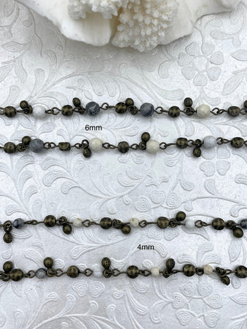 Rosary Beaded Chain 1 meter (39") Rosary Chain, Faceted pale blue/grey and cream Stone Beads, Beaded Chain, 2 sizes, bronze wire. Fast Ship