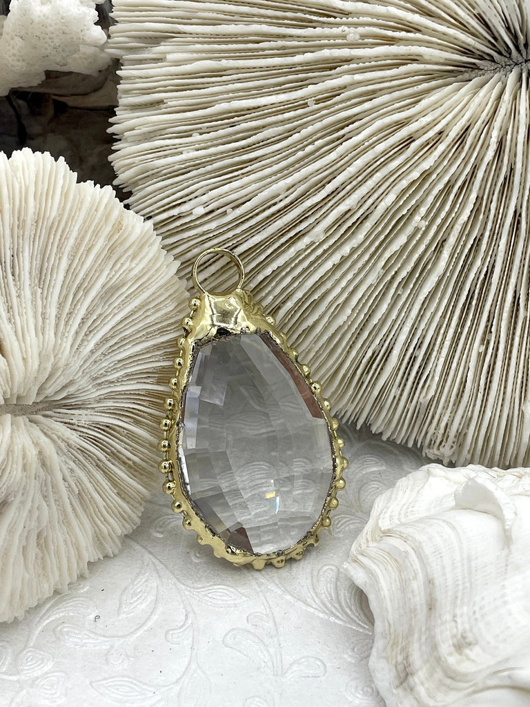 Crystal Gold Soldered Pendant/Charm. Teardrop Shape, Textured Soldering, Necklace Charm. Fast Shipping