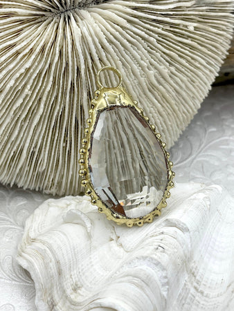 Crystal Gold Soldered Pendant/Charm. Teardrop Shape, Textured Soldering, Necklace Charm. Fast Shipping