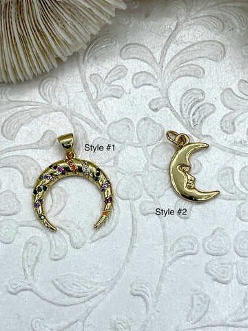 Colorful CZ Micro PAVE Gold Moon Pendant, Moon Charm, Gold Moon Charms, CZ Charm, Moon Pendant, 2 styles Fast Ship
