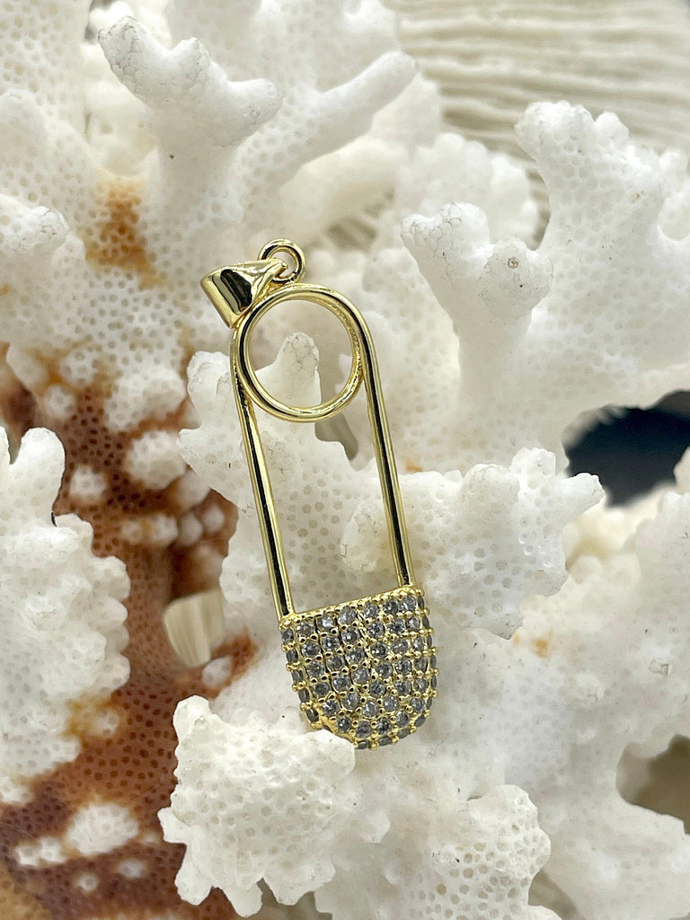 CZ Micro PAVE Paperclip Charm, Paperclip Charm, Paperclip Pendant, Gold Plated Brass and Cubic Zirconia, 2 styles, Fast Ship