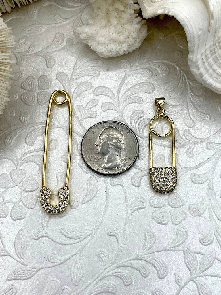 CZ Micro PAVE Paperclip Charm, Paperclip Charm, Paperclip Pendant, Gold Plated Brass and Cubic Zirconia, 2 styles, Fast Ship