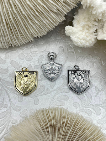 CZ Micro PAVE Shield Crest Charm Pendants BRASS, Crest Charm, 3 styles, Crest Pendant, 3 styles, Gold shield, Silver Shield, Fast Ship