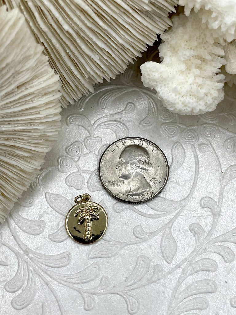 Brass Palm Tree Charm, 14mm Palm Tree Coin, Gold Palm Tree Pendant, Round Charm, Gold Plating. High Quality Fast Ship