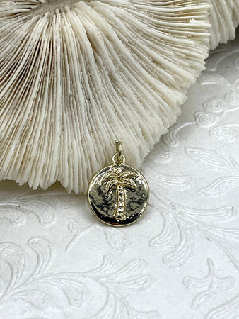 Brass Palm Tree Charm, 14mm Palm Tree Coin, Gold Palm Tree Pendant, Round Charm, Gold Plating. High Quality Fast Ship