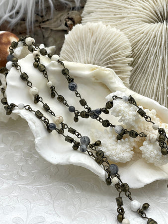 Rosary Beaded Chain 1 meter (39") Rosary Chain, Faceted pale blue/grey and cream Stone Beads, Beaded Chain, 2 sizes, bronze wire. Fast Ship