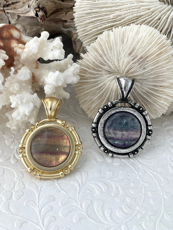 Natural Fluorite Pendant with Bezel, Cabochon Natural Stone will come in a variety of patterns, 2 bezel colors, Natural Stone, Fast Ship.