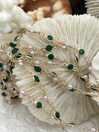 Green CZ and Pearl chain, Dainty Gold Plated Chain, Round Green CZ and White Pearls, Sold By the Foot, Fast Ship