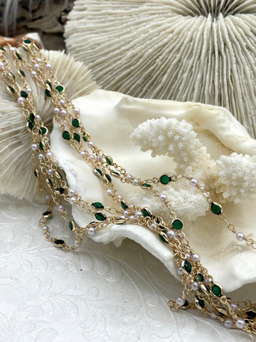 Green CZ and Pearl chain, Dainty Gold Plated Chain, Round Green CZ and White Pearls, Sold By the Foot, Fast Ship