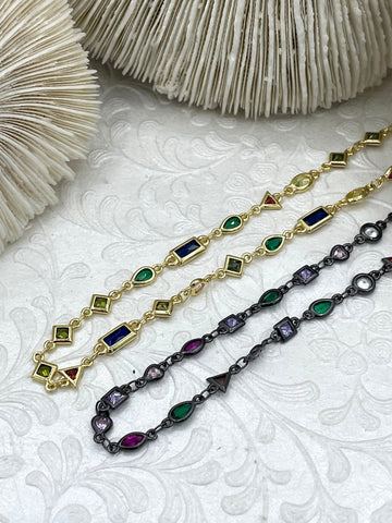 Colorful Cubic Zirconia Chains, Gold or Gunmetal Plated Brass Chain, Multicolor CZ, Sold By the Foot, Fast Ship