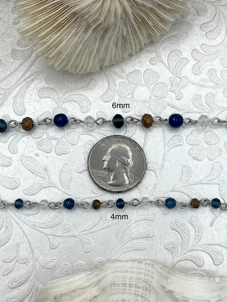 Gemstone Crystal mix Rosary Blue Agate with Mixed Crystal Shapes, Crystal Beaded Chain 6mm or 4mm Silver, pin 1 Meter (39 ") Fast Ship