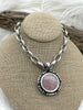 Image of Pink Rhodonite Stone Pendant with Bezel, Natural Stone Pendant, Semi precious Pendant in a variety of patterns, 3 bezel colors, Fast Ship