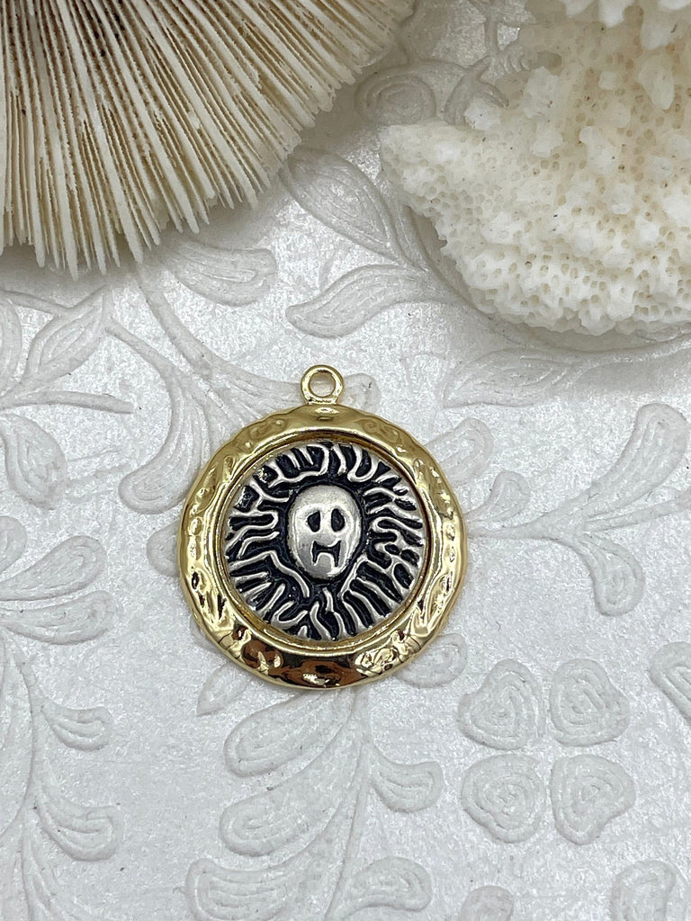 Brass Medusa Charm, 23mm Medusa Coin, Medusa Pendant, Coin Charm, Gold and Burnished Silver charm High Quality Fast Ship