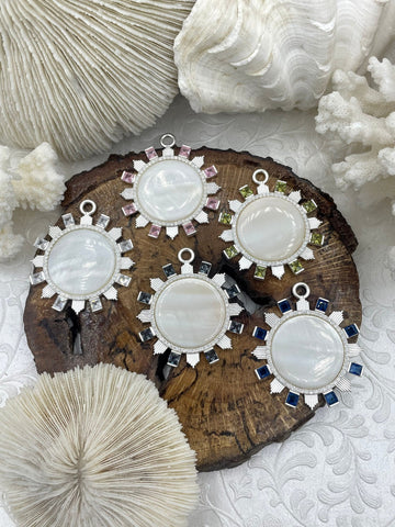 Genuine Mother of Pearl Cabochon Pendants with Matte Silver Plated Brass Bezel and Colorful Cubic Zirconia Accents ,5 CZ colors, Fast Ship