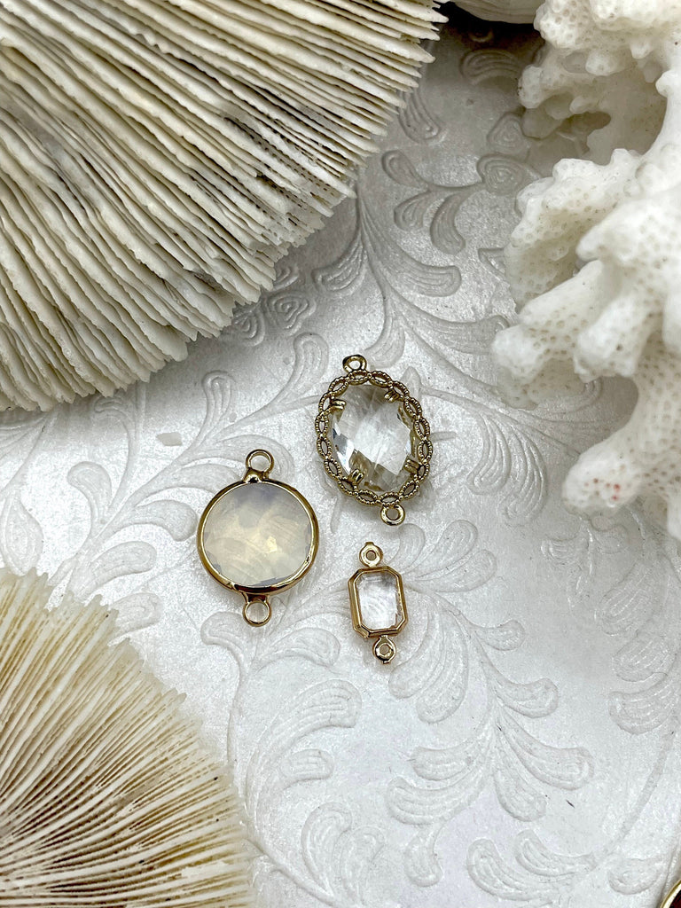 Clear Crystal Gold Soldered Connector Charms. 3 styles, Gold Crystal Connector Charms, Oval Round, Rectangle. Fast Shipping