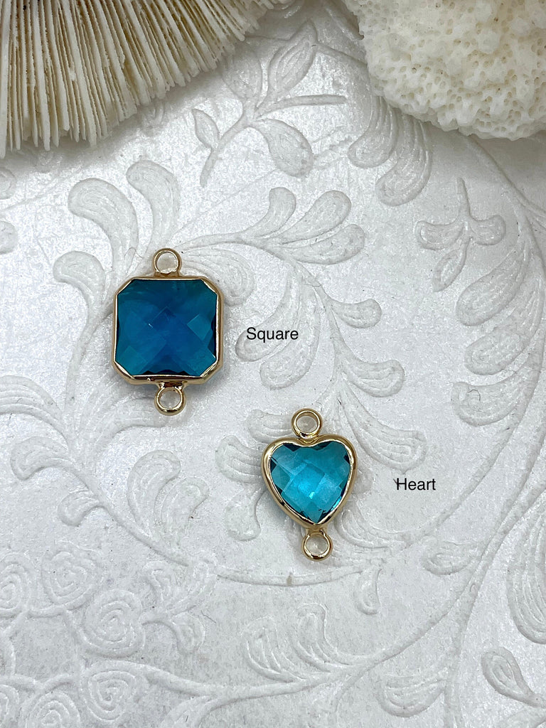 Small Blue Crystal Connector Charms. 2 styles, square or heart. blue crystal, gold soldering. Fast Shipping