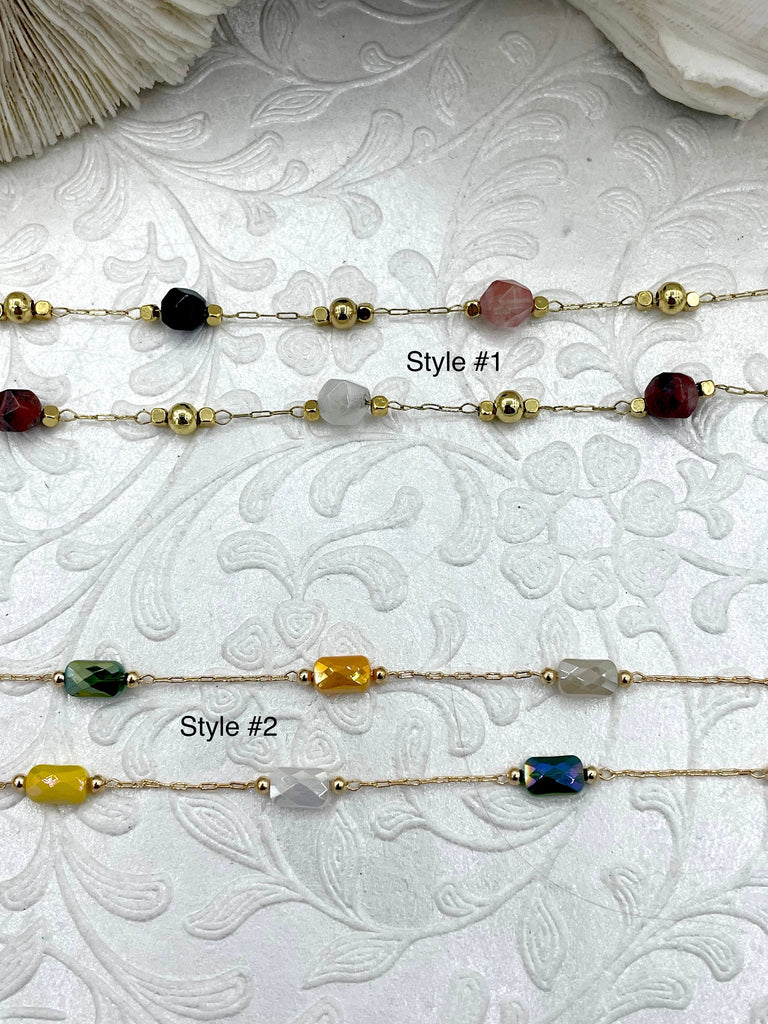 Gold plated Agate or Glass Rosary Chains, Gold Plated Brass Chain, Multicolor Beaded Chains, Colorful Chains, Sold By the Foot, Fast Ship