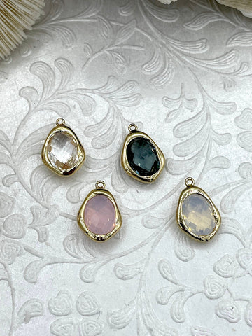 Gold Trimmed Crystal Drop Pendants, Gold Trimmed Charms. Gold plated bezel, 4 styles, clear, grey, cream, and pink. Fast Ship