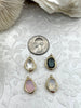 Image of Gold Trimmed Crystal Drop Pendants, Gold Trimmed Charms. Gold plated bezel, 4 styles, clear, grey, cream, and pink. Fast Ship