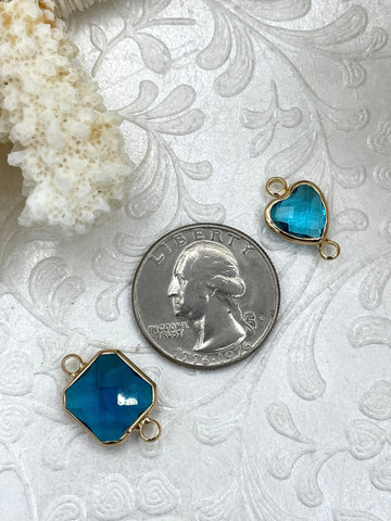 Small Blue Crystal Connector Charms. 2 styles, square or heart. blue crystal, gold soldering. Fast Shipping